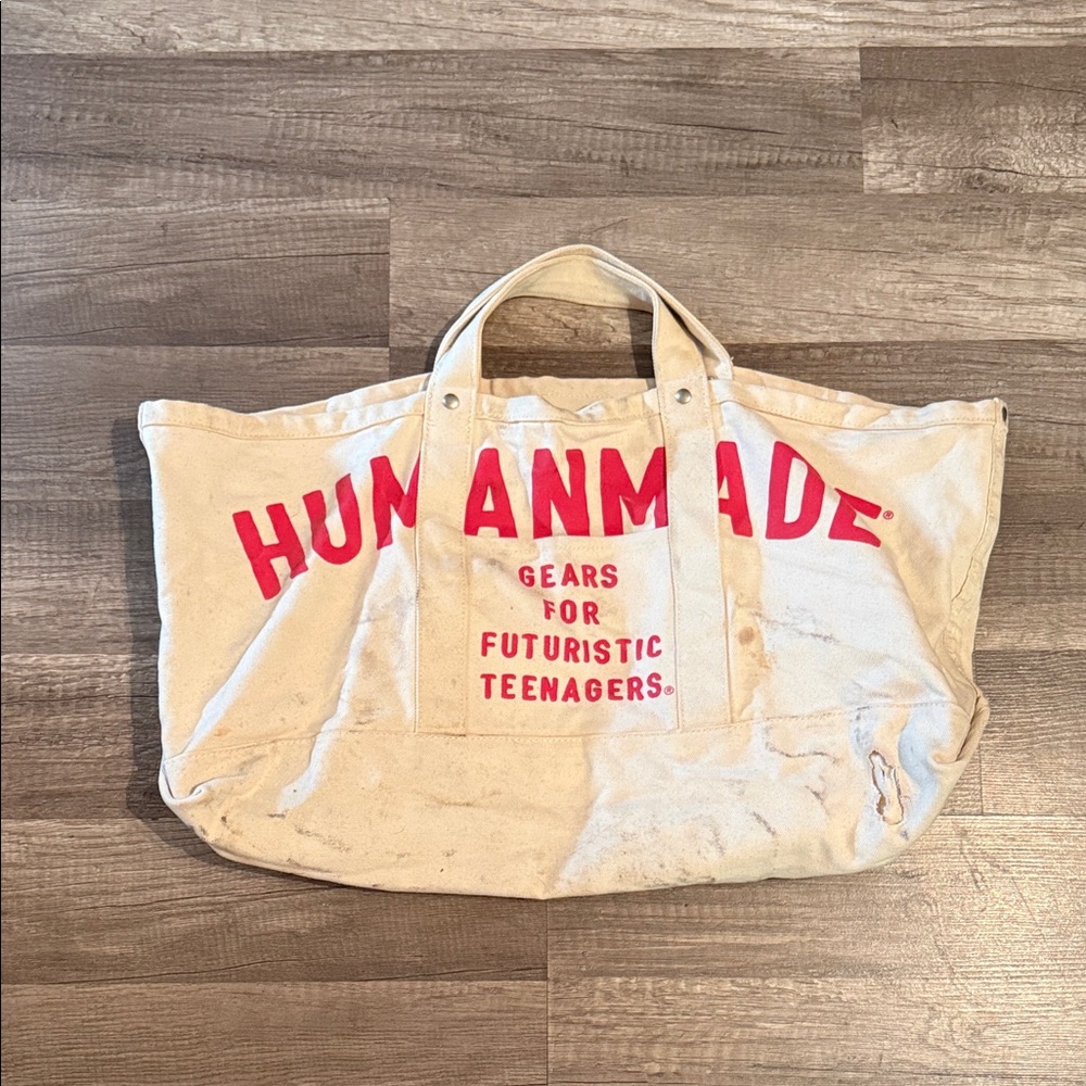 Human Made Beige Tote with Bold Red Text